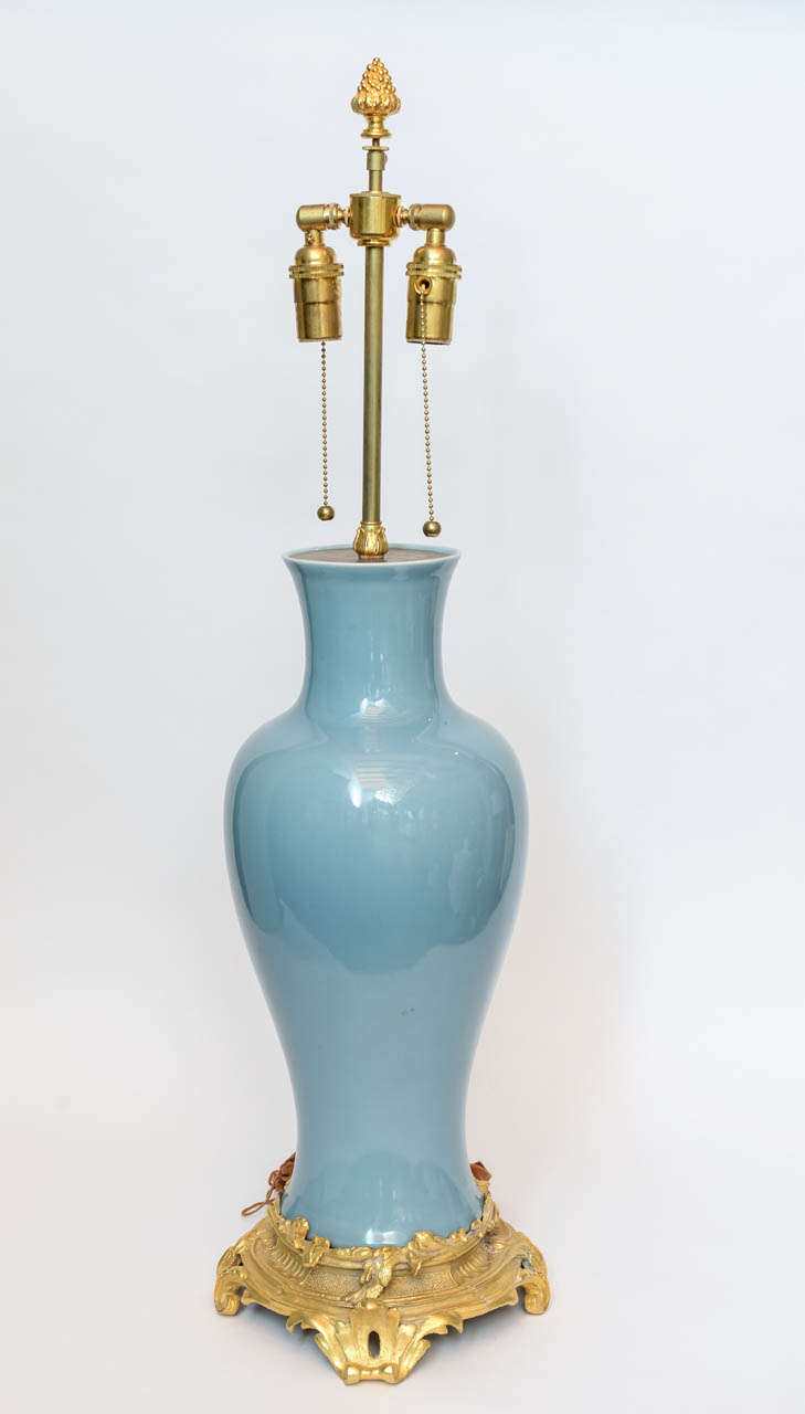 Pair of Powder Blue Glazed Chinese Porcelain Bronze Base Mounted Lamps 2