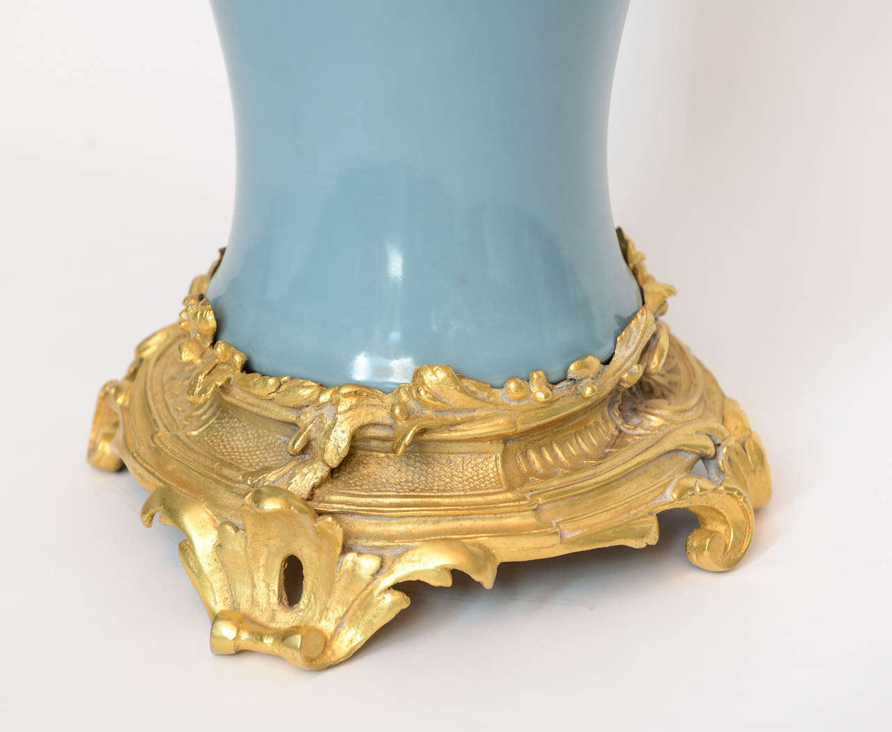 Pair of Powder Blue Glazed Chinese Porcelain Bronze Base Mounted Lamps 3