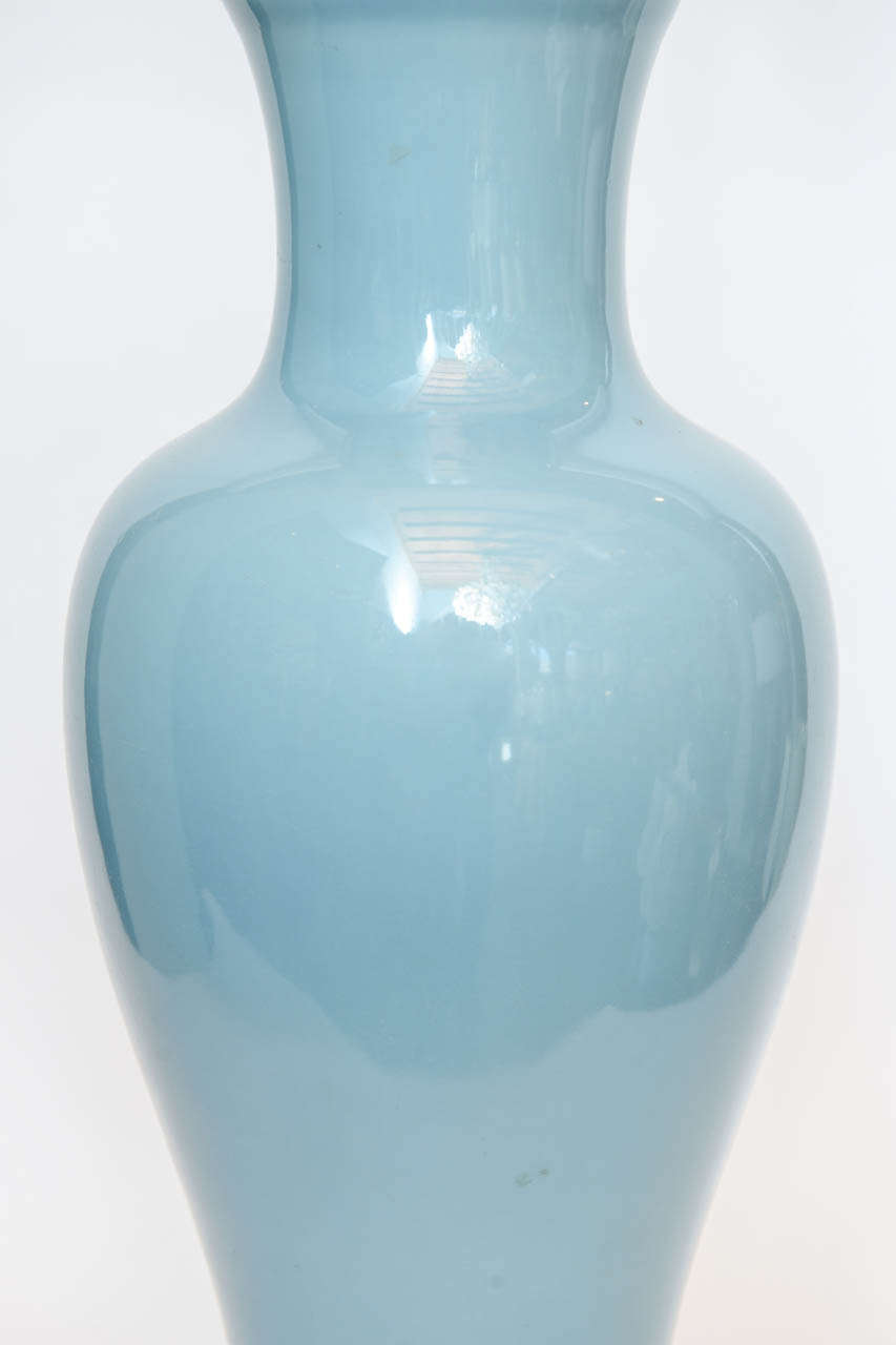 Pair of Powder Blue Glazed Chinese Porcelain Bronze Base Mounted Lamps 4
