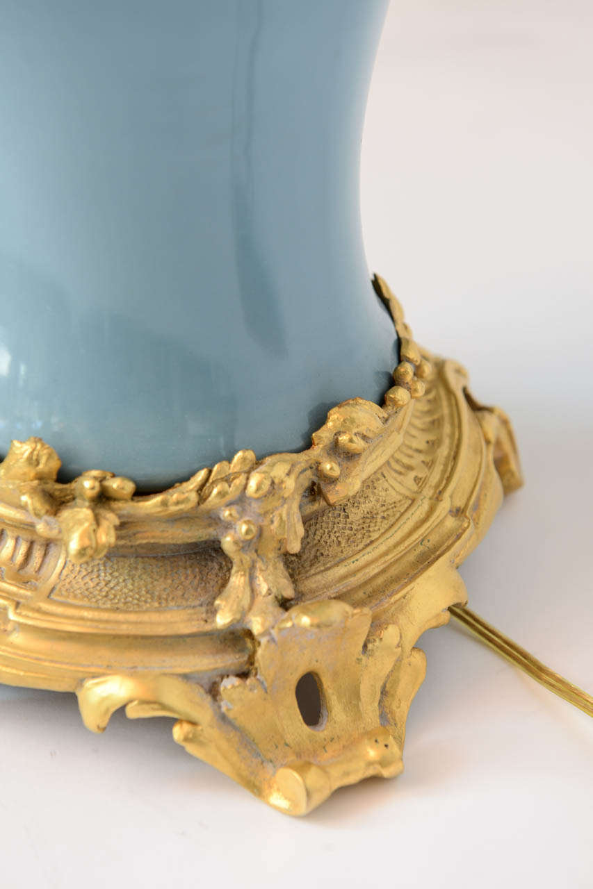 Pair of Powder Blue Glazed Chinese Porcelain Bronze Base Mounted Lamps 5