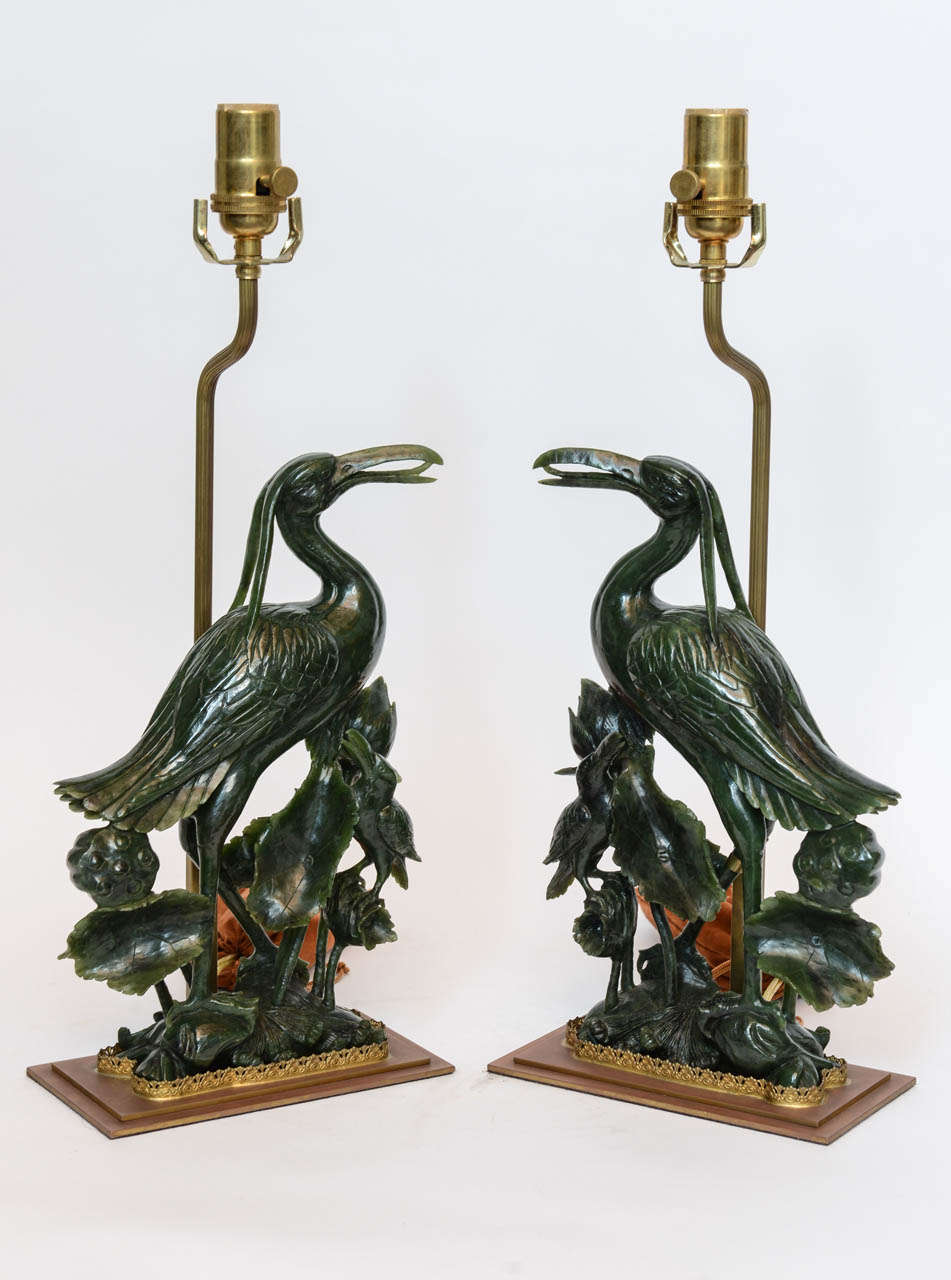 20th Century Pair of Fine Jasper Jade Chinese Hand-Carved Cranes For Sale