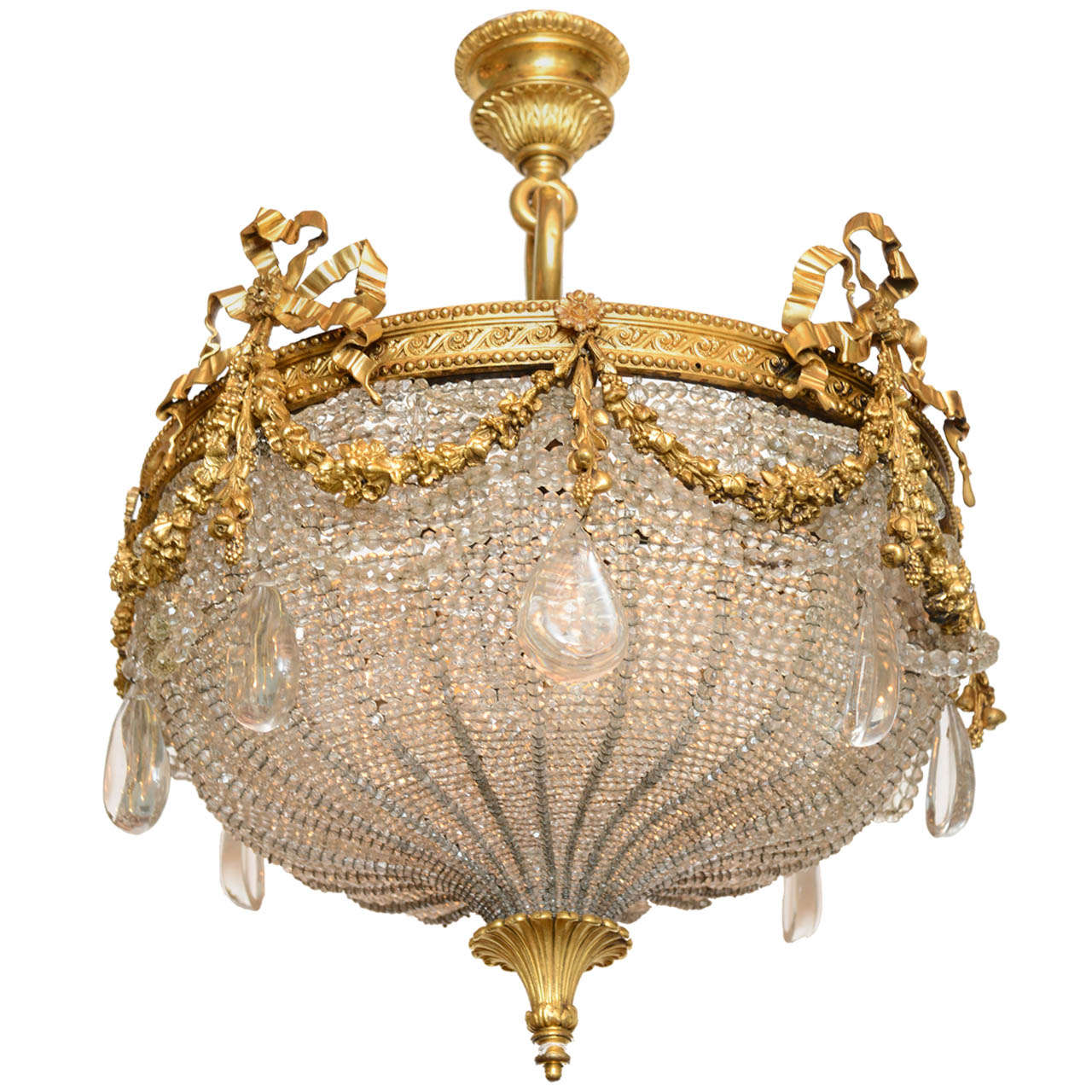 A Beautiful Gilt Bronze Ribboned and Wreath Beaded Chandelier by E. F. Caldwell