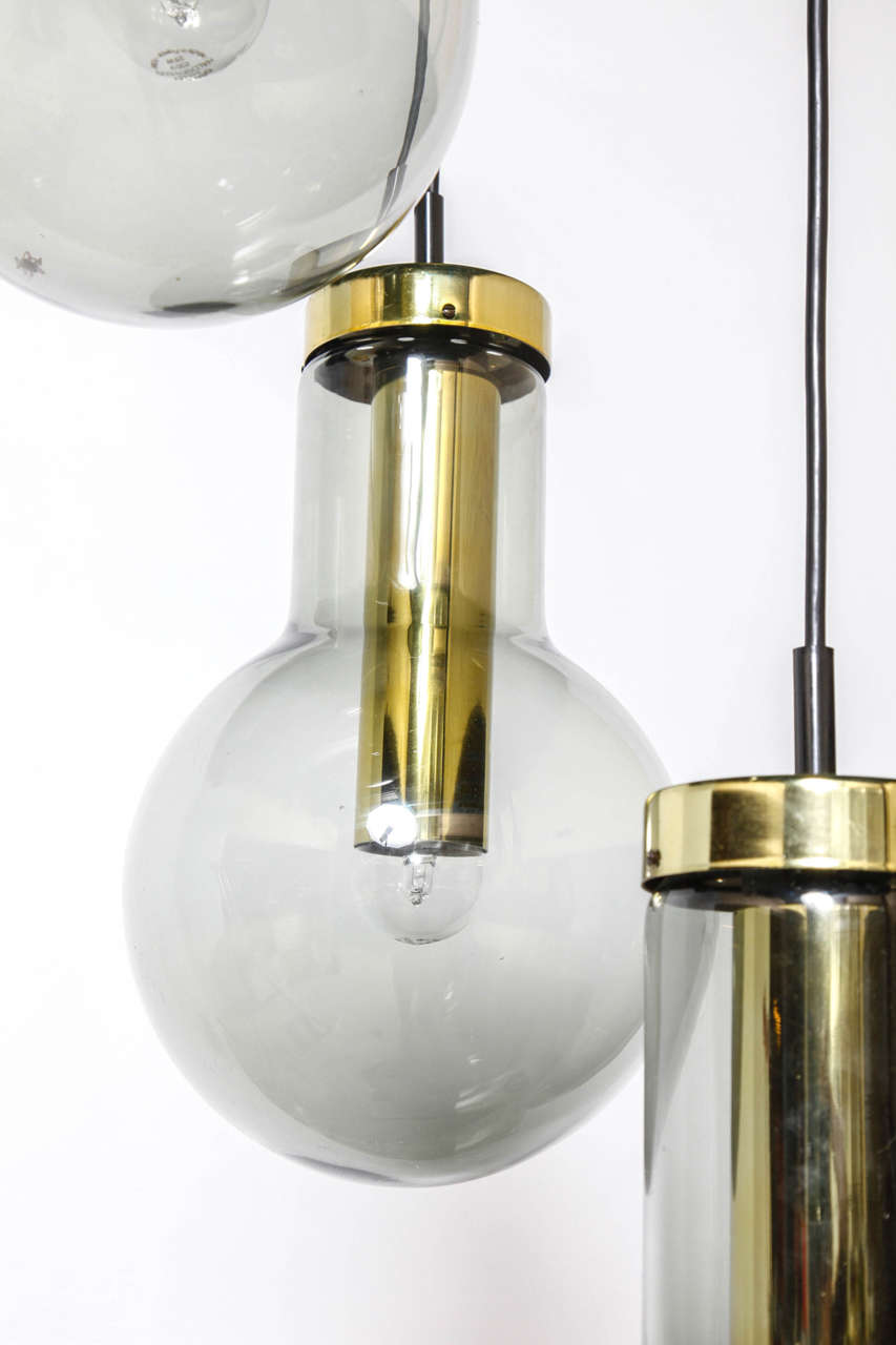 Hand-Crafted Smoked Three Glass Globe Chandelier designed by Raak 1970s