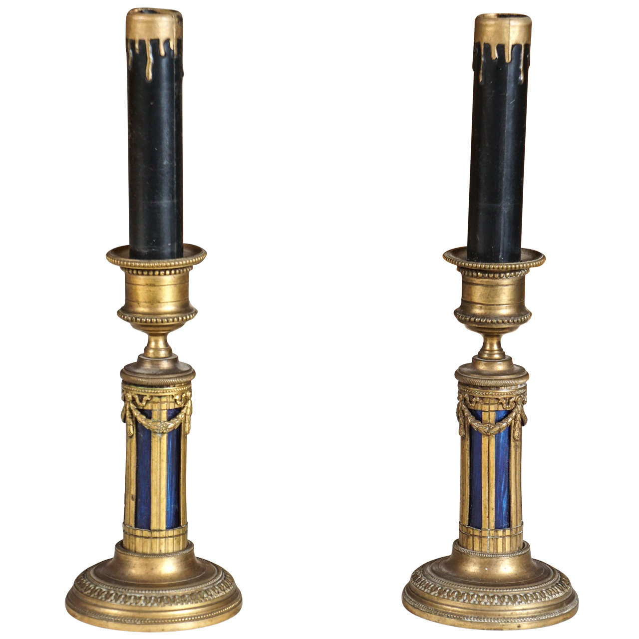 Two retrofitted metal candlestick holder table lamps