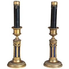 Two retrofitted metal candlestick holder table lamps