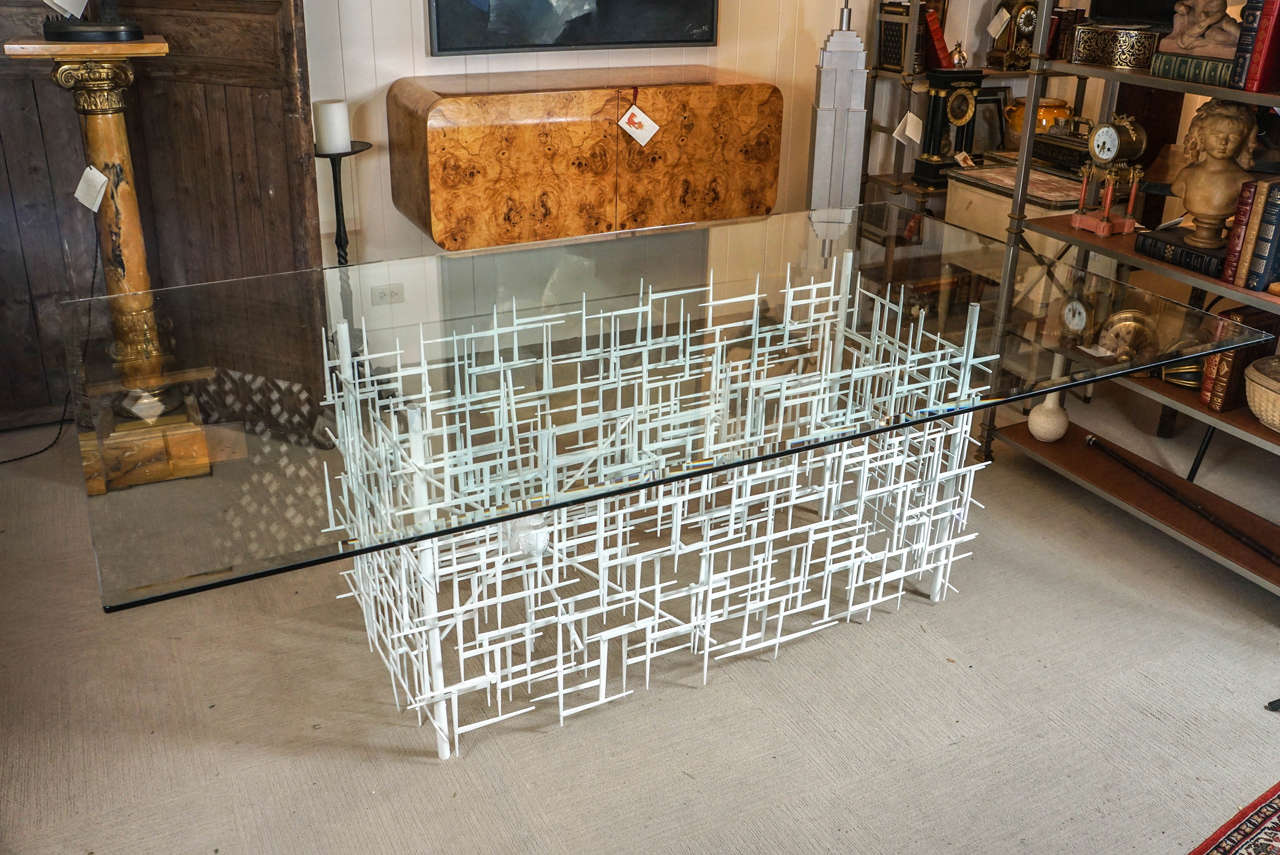 An original handmade sculptural table by Lou Blass. Fabricated in powder coated welded steel. Can be custom-made in any size and finish. Table pictured is 84 inches wide, 48 inches deep and 28.5 height.