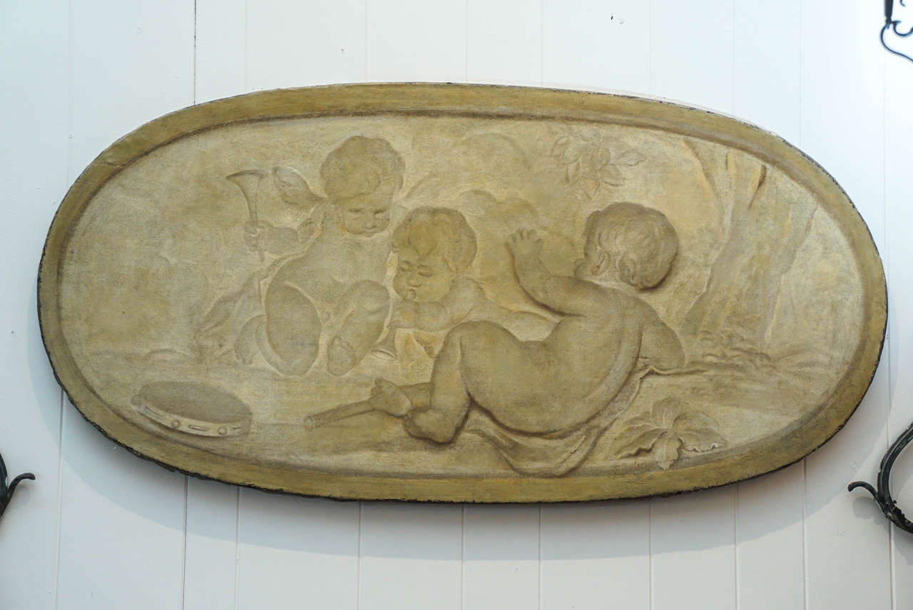 19th Century Monochrome Painting of Cherubs