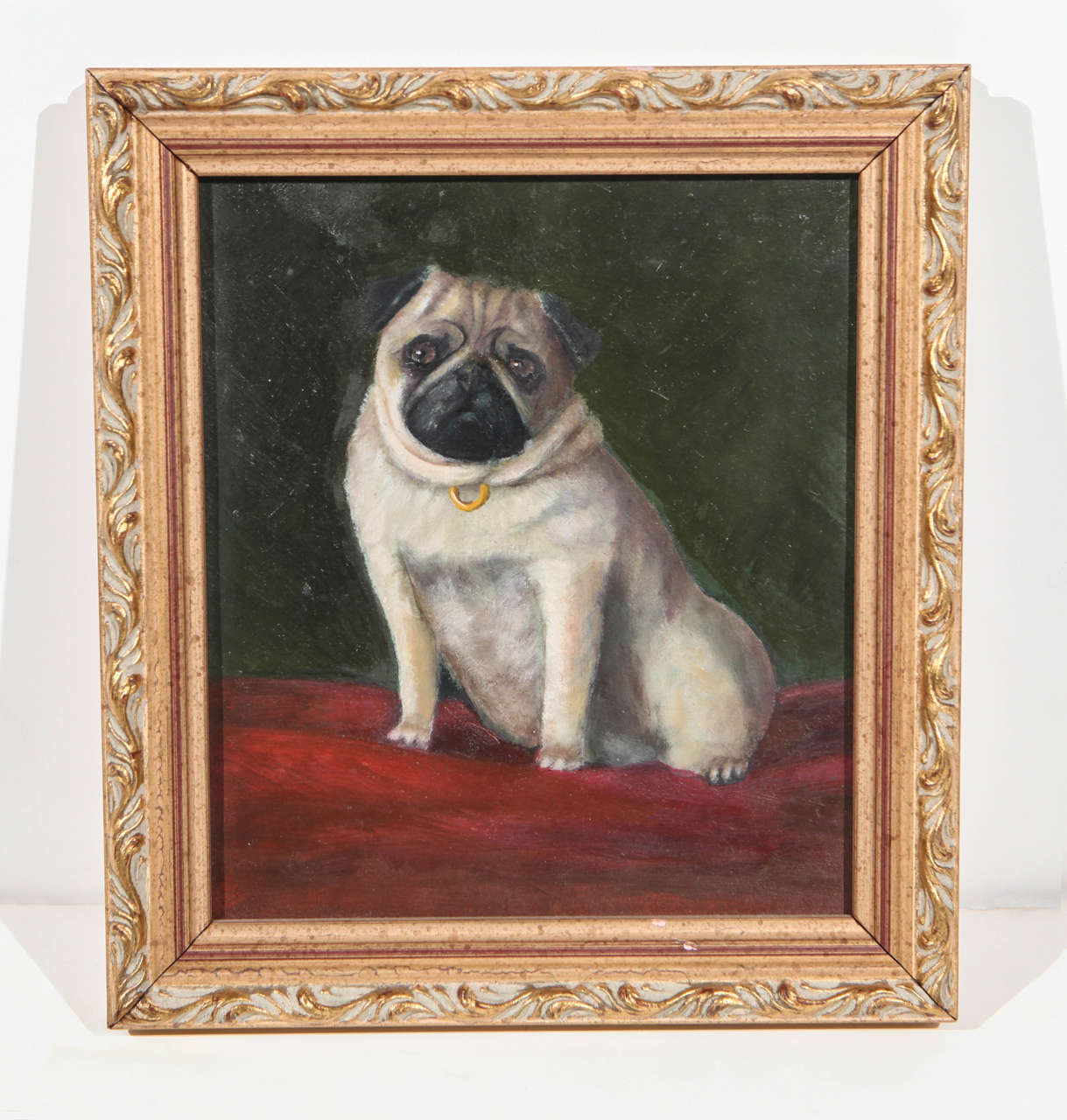 Petite, original, Italian oil on board painting of a pug on a red cushion.