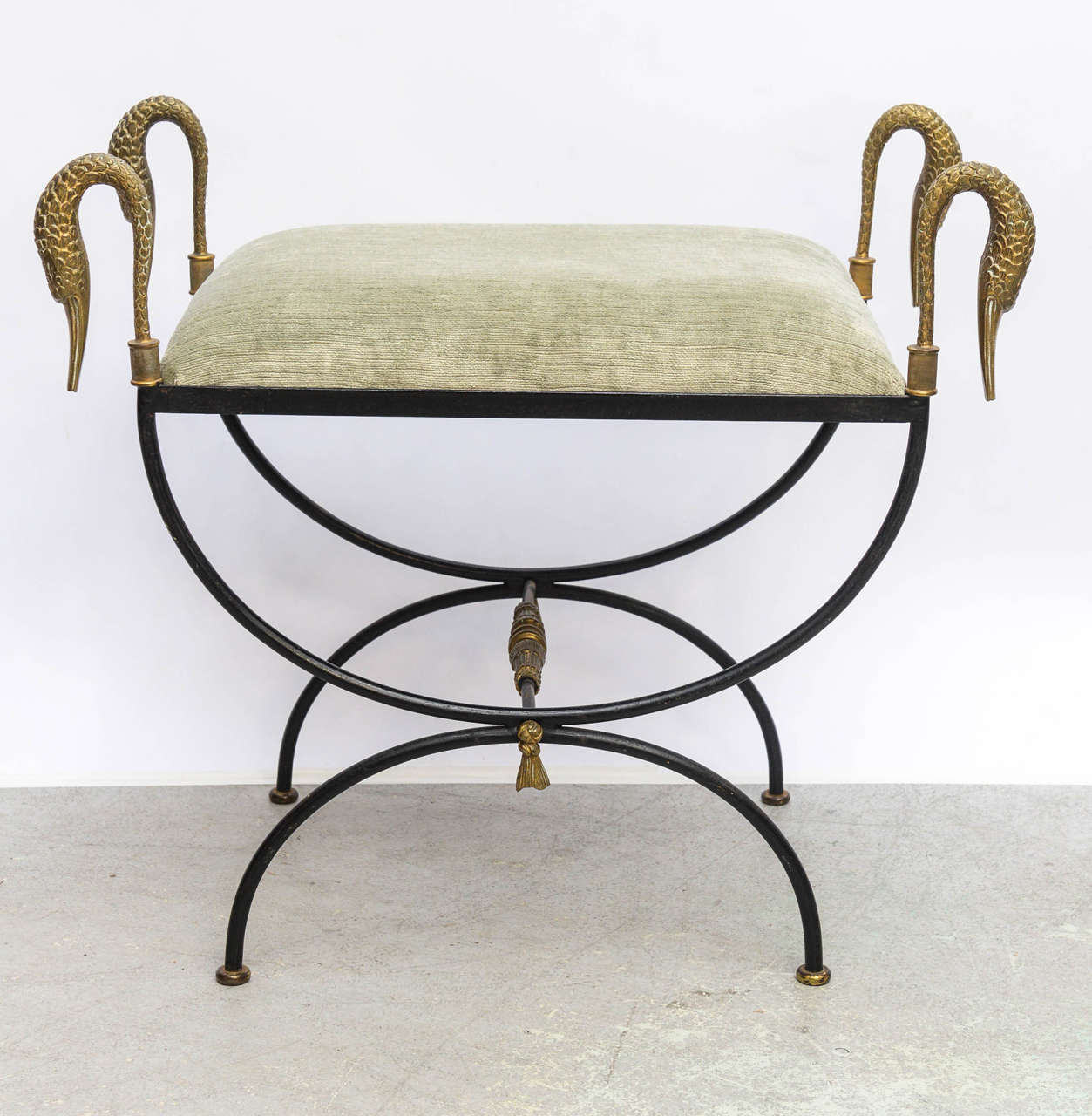 French Pair of Neoclassical Iron and Bronze Swan Benches
