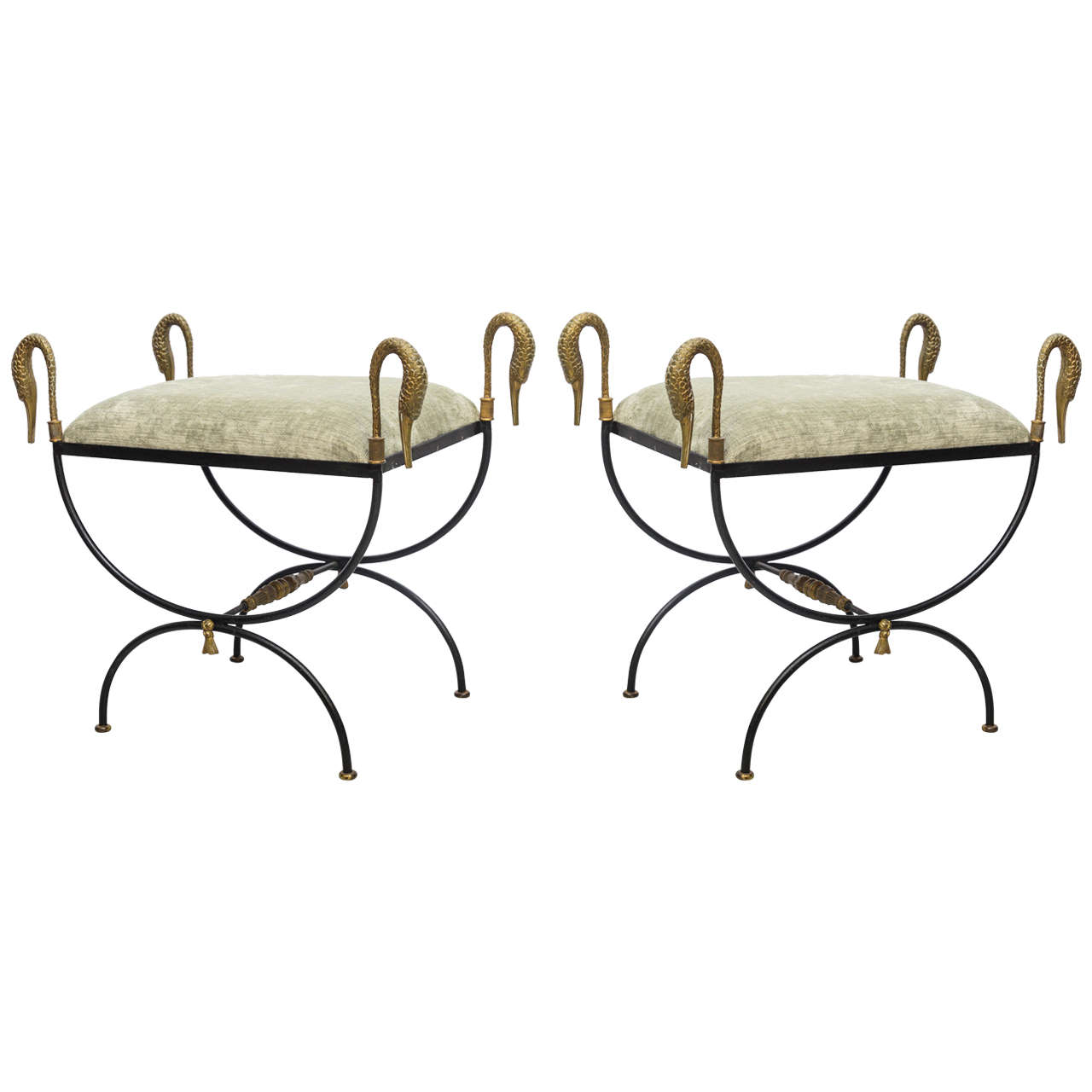 Pair of Neoclassical Iron and Bronze Swan Benches