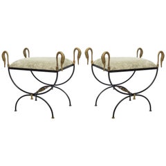 Pair of Neoclassical Iron and Bronze Swan Benches