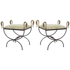 Pair of Neoclassical Iron and Bronze Swan Benches