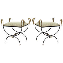 Pair of Neoclassical Iron and Bronze Swan Benches 4