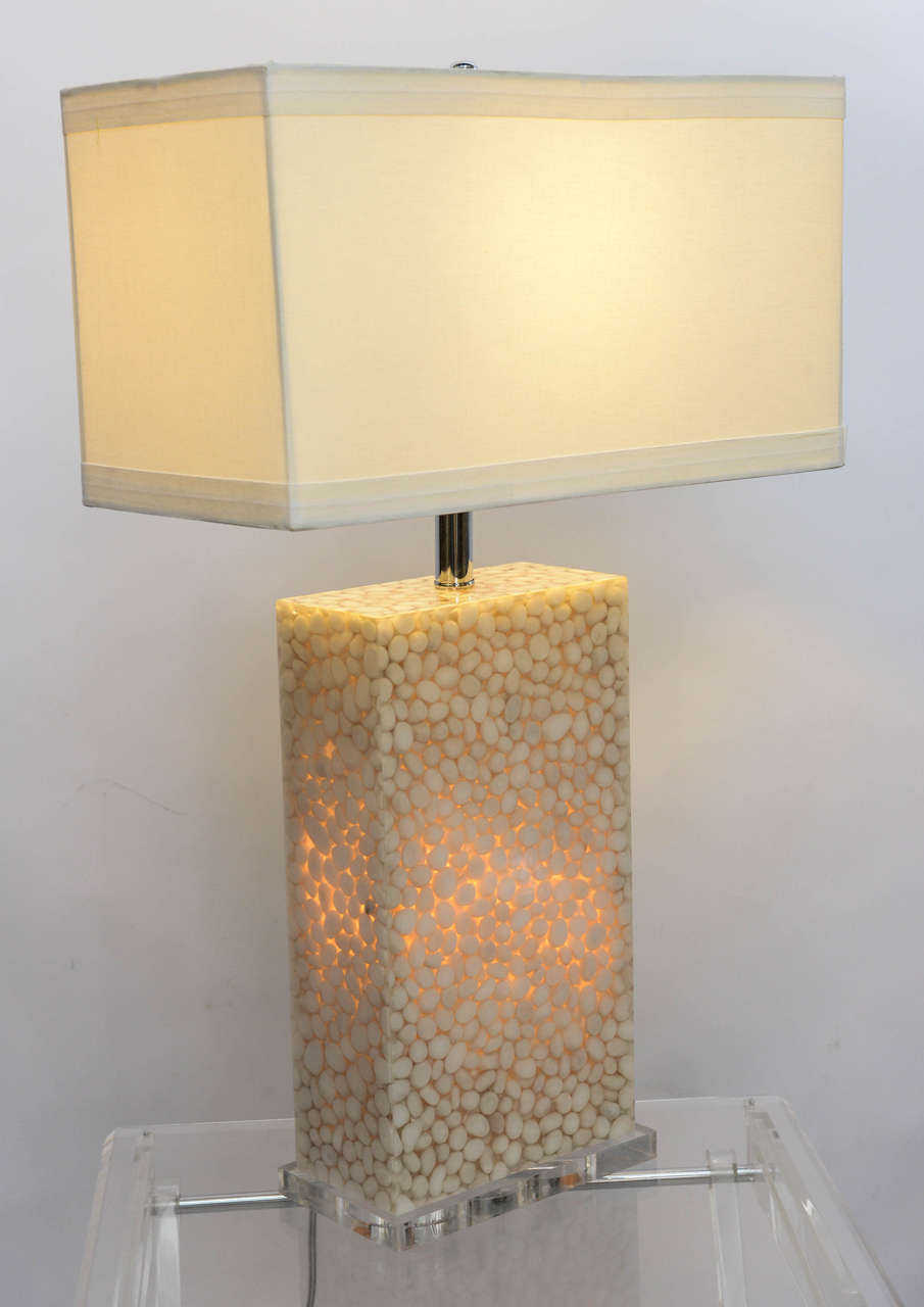 Stunning pair of Lucite lamps with pebble inclusions. Lamps light at both top and bottom.