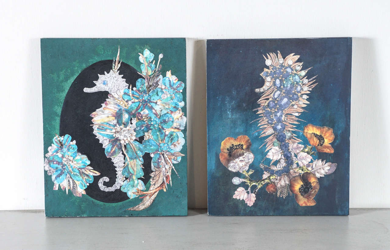 Here is a charming pair of seahorse collages depicting an underwater scene with foliage. The composition is compiled of various images of jewelry that have been glued together. The background is also collage on board that has been painted. Available
