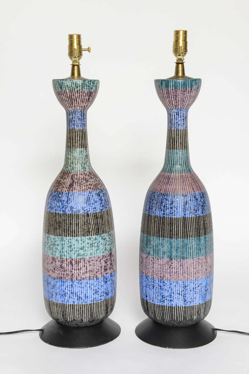 Mid-20th Century Exceptional Pair of Bitossi Italian Multi-Color Ceramic Lamps
