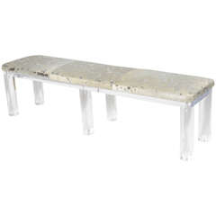 Lucite Bench in Silver Dipped Cowhide Upholstery
