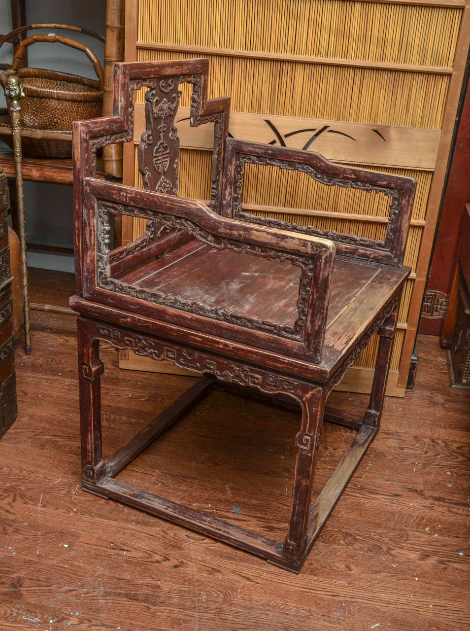 Early 19th century Qing dynasty Shanxi carved scholar's open armchair (pair available, priced and sold separately)
Each chair breaks down into four pieces.