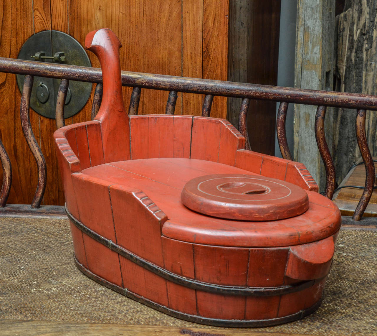 Late 19thC. Q'ing Dynasty Red Lacquered Baby Bath