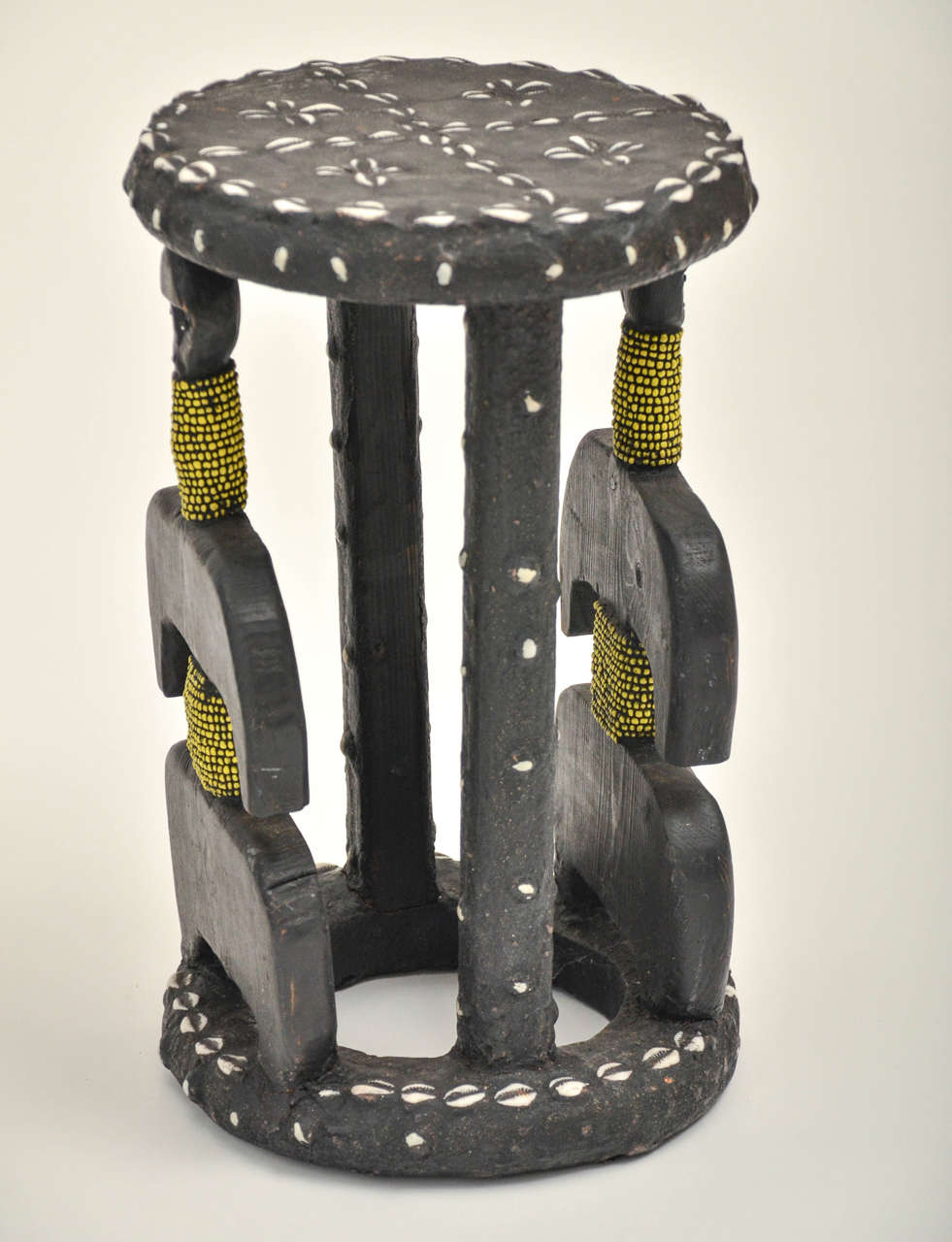 Cameroonian Pair of Carved and Beaded Figural African Stools