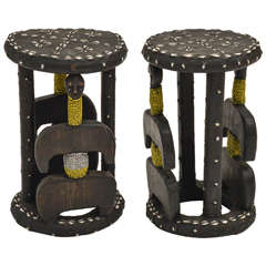 Pair of Carved and Beaded Figural African Stools