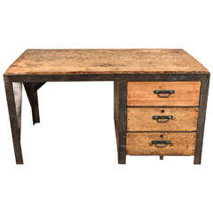 19th Century Desk in Metal with Wood Top and Drawers