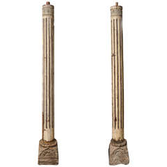 19th Century Pair of Ivory Painted Columns with Stone Bases 5
