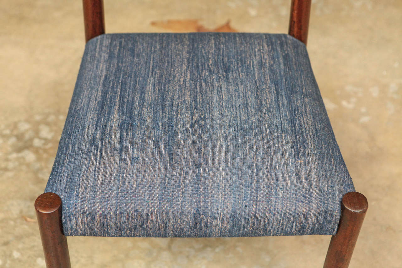 Belgian Mid-Century Set of Six Blue Upholstered Dining Chairs with Tapered Legs
