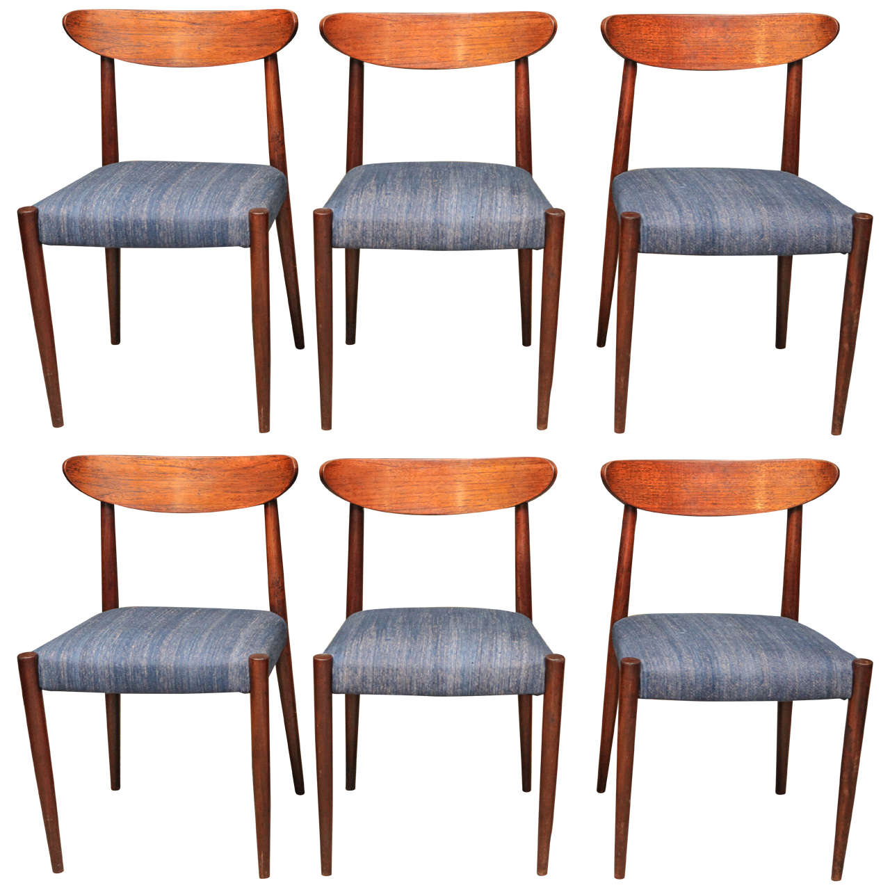 Mid-Century Set of Six Blue Upholstered Dining Chairs with Tapered Legs
