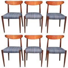 Mid-Century Set of Six Blue Upholstered Dining Chairs with Tapered Legs