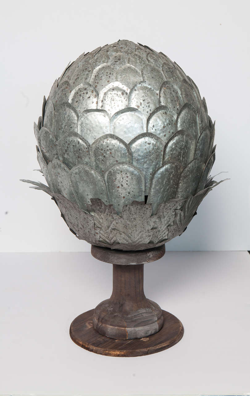 Unknown Pair of Galvanized Metal Artichoke Finials on Wood Base