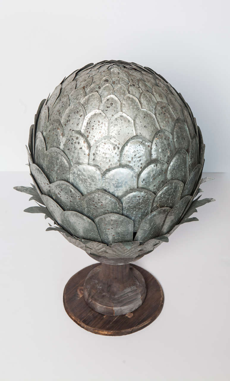 Carved Pair of Galvanized Metal Artichoke Finials on Wood Base