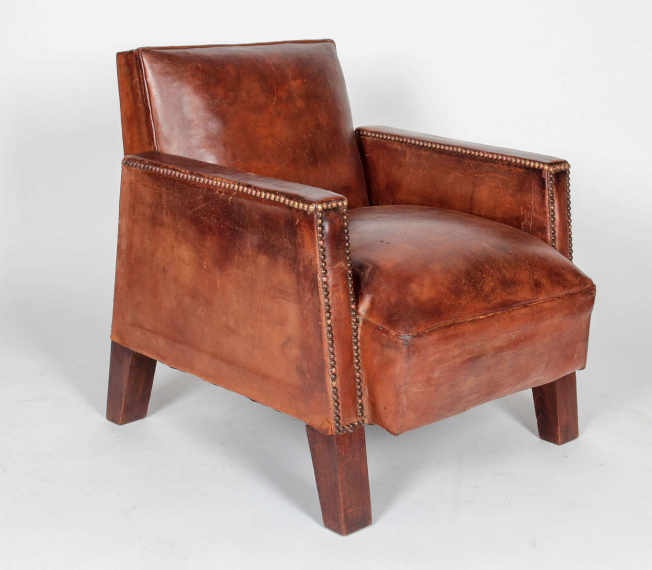 20th Century Pair of Aged Brown Leather Art Deco Club Chairs