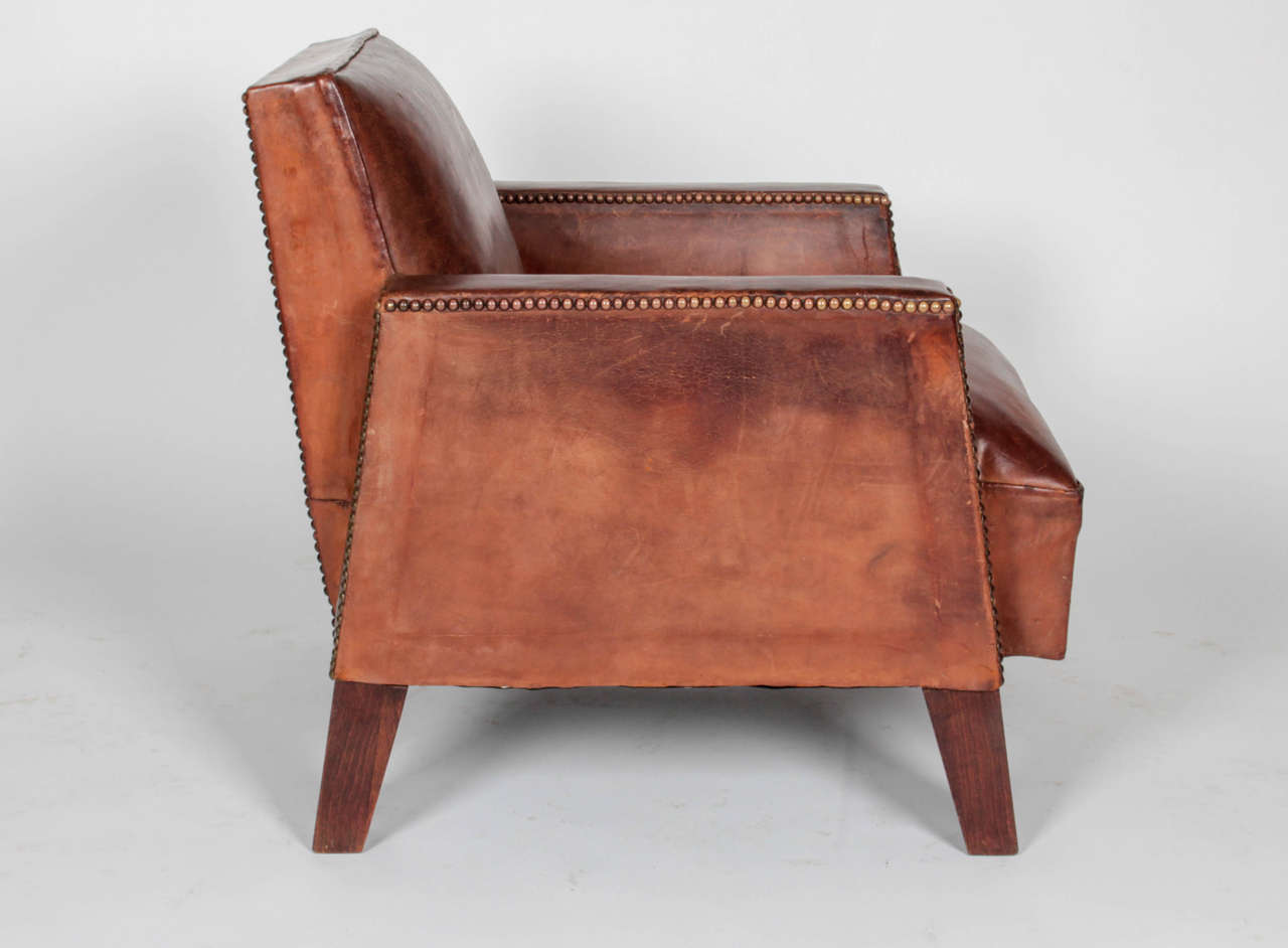 Pair of Aged Brown Leather Art Deco Club Chairs 1