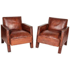 Pair of Aged Brown Leather Art Deco Club Chairs