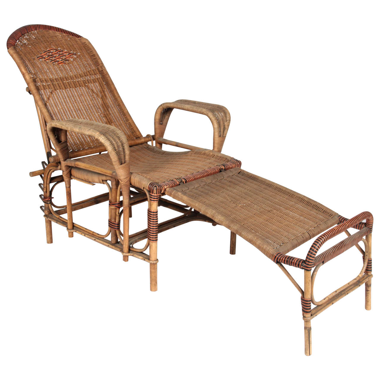 Art Deco Reclining Wicker Lounge Chair with Detachable Foot Rest