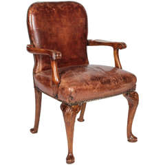 Antique Queen Anne Style Distressed Leather Arm Chair