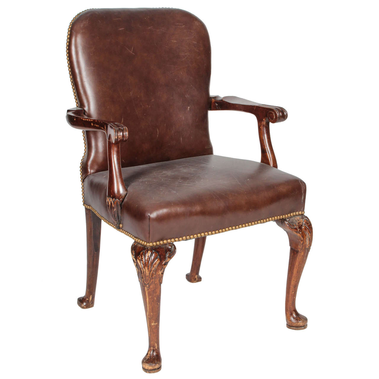 Queen Anne Style Leather Armchair For Sale