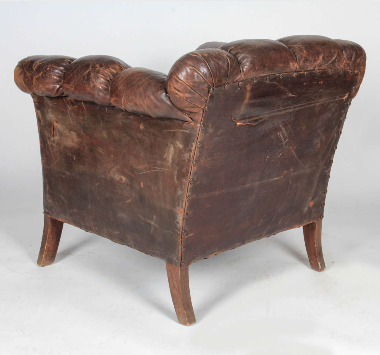 Art Deco 20th Century, Distressed Vertical-Tufted Leather Club Chair For Sale