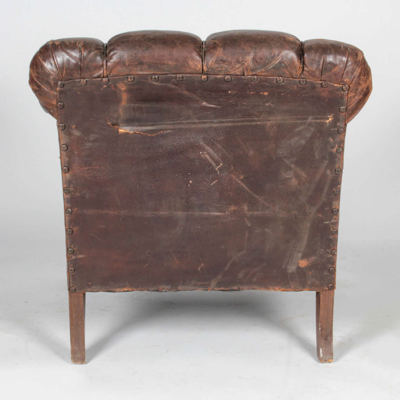 Unknown 20th Century, Distressed Vertical-Tufted Leather Club Chair For Sale