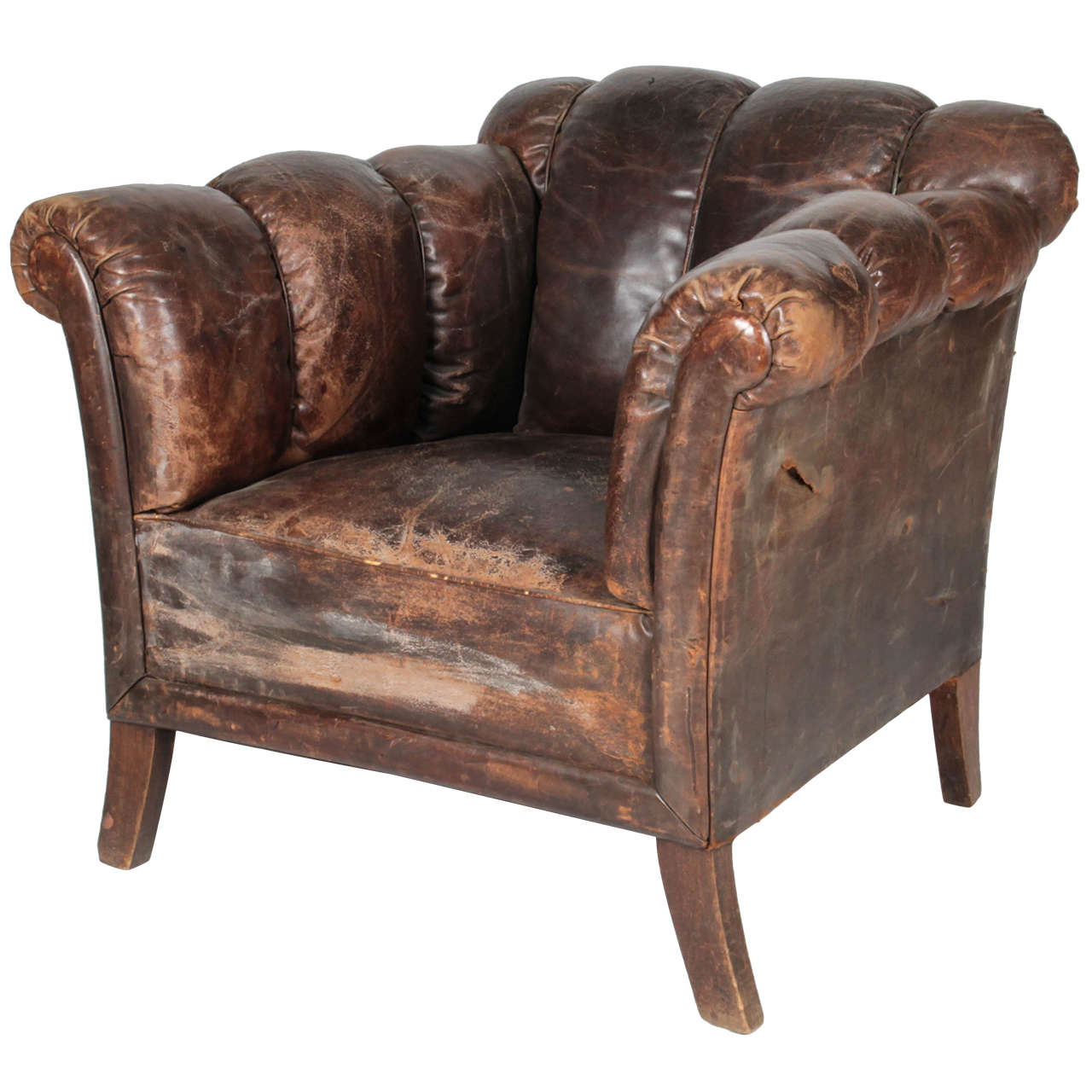 20th Century, Distressed Vertical-Tufted Leather Club Chair For Sale