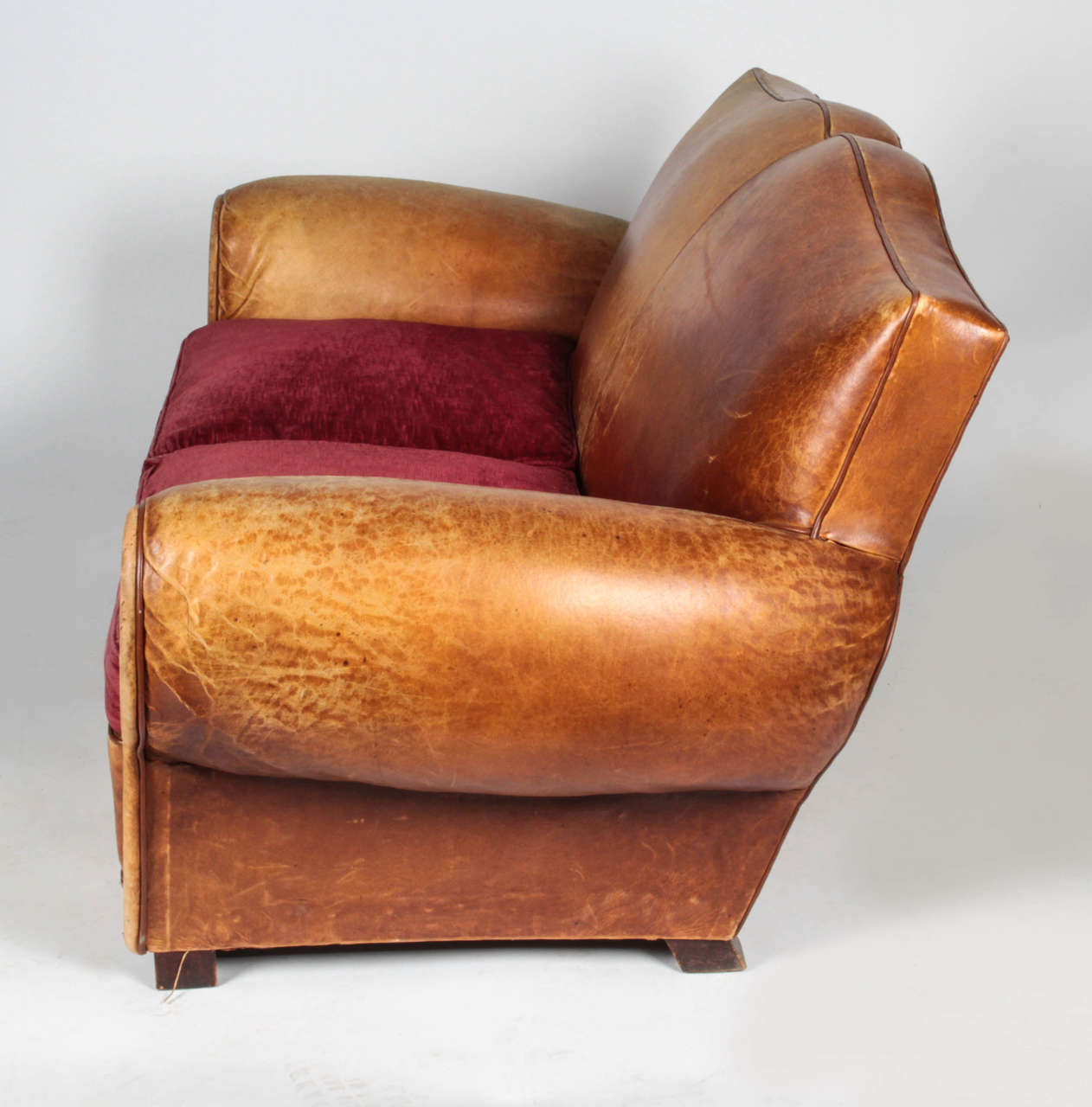 Art Deco 20th c. French Mustache-back Leather and Chenille Loveseat