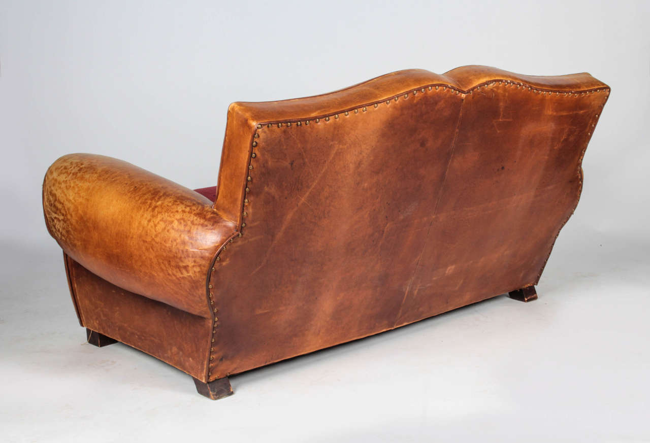 20th c. French Mustache-back Leather and Chenille Loveseat In Excellent Condition In New York, NY