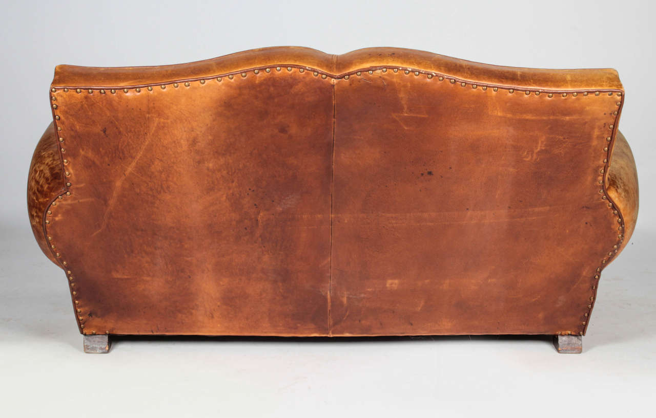 20th c. French Mustache-back Leather and Chenille Loveseat 1