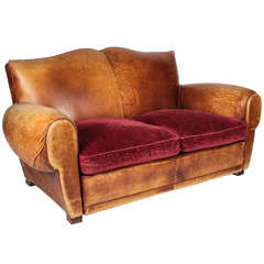 20th c. French Mustache-back Leather and Chenille Loveseat