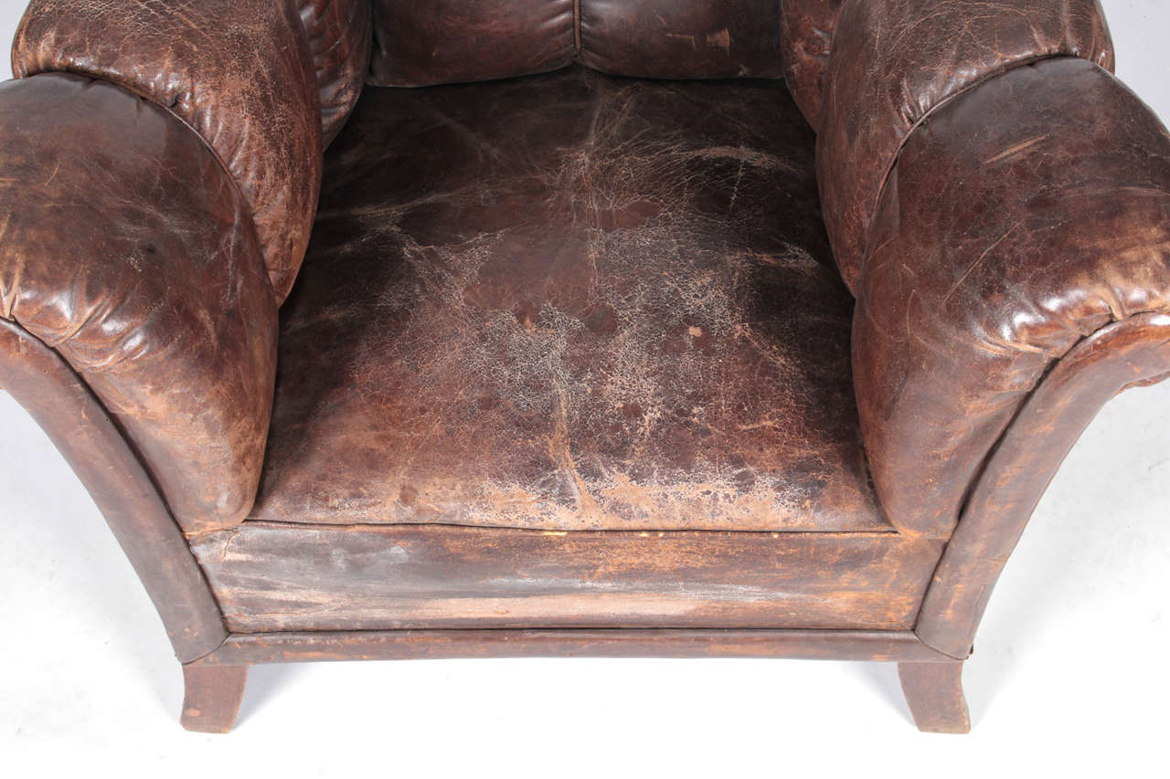 20th Century, Distressed VerticalTufted Leather Club Chair For Sale at