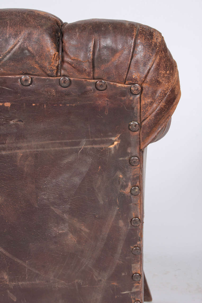 20th Century, Distressed VerticalTufted Leather Club Chair For Sale at