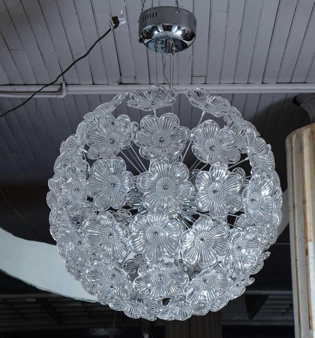 Stunning ball of Murano clear glass flowers, protruding on chrome stems, from a central chrome ball with halogen lights, found in Miami - two additional rosettes included