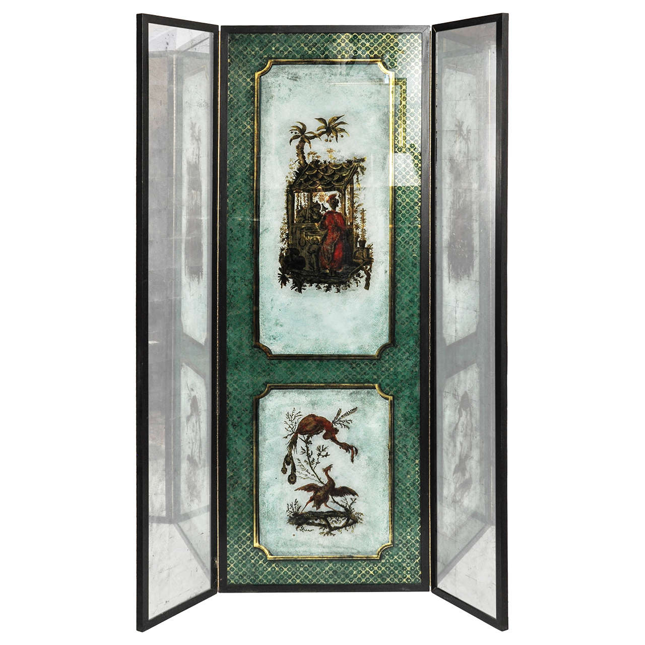 English Mid-Century Reverse-Painted Mirror Floor Screen, circa 1970 For Sale
