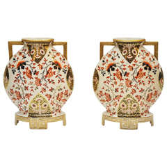 Antique Pair of English Imari Moon Flask Vases, Circa 1880
